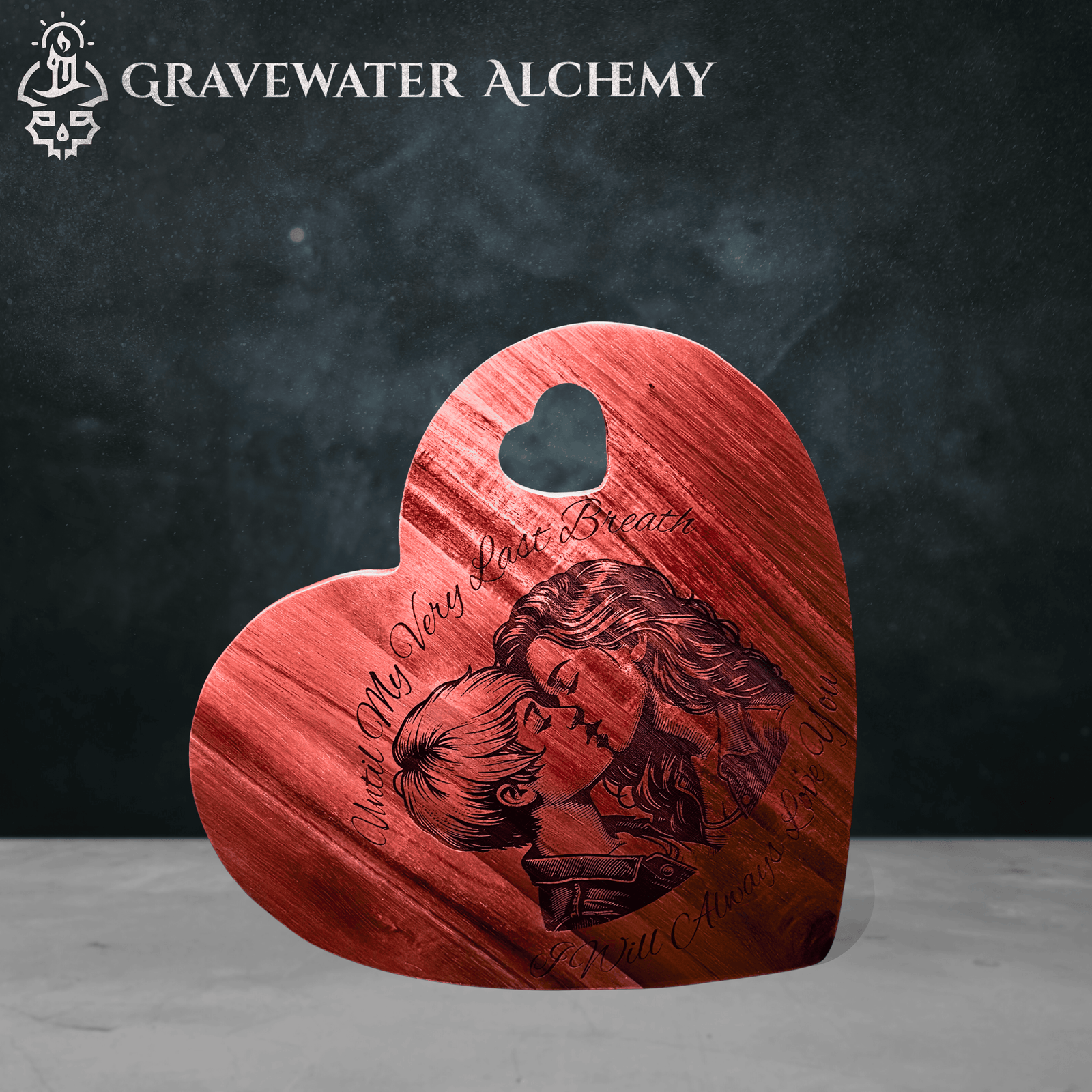 engraved heart cutting board Bound by Love collection LGBTQ inclusive designs by Gravewater Alchemy
