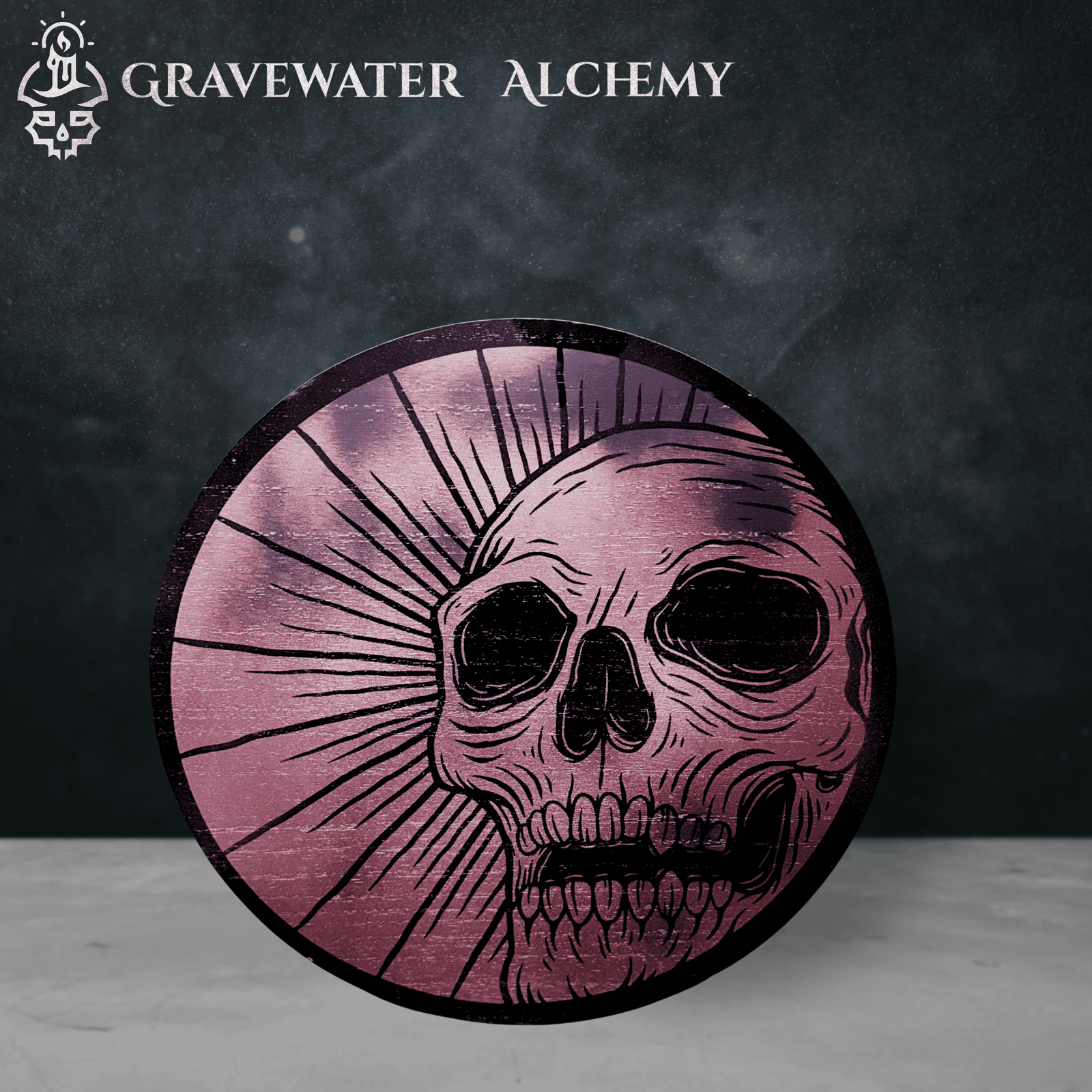 Engraved black and gold wall art skull design by Gravewater Alchemy