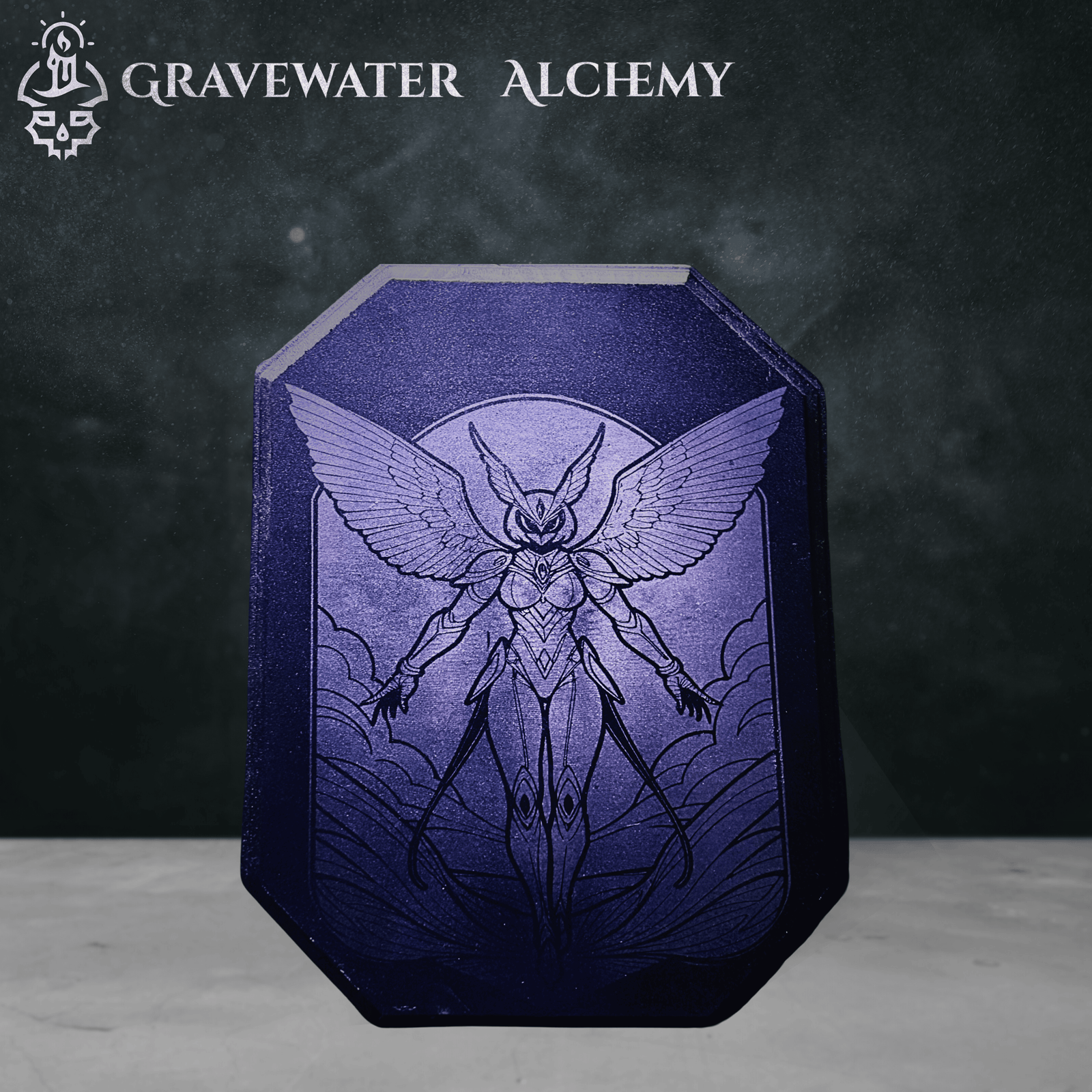 Engraved wooden plaque of a winged celestial guardian standing before a crescent moon.