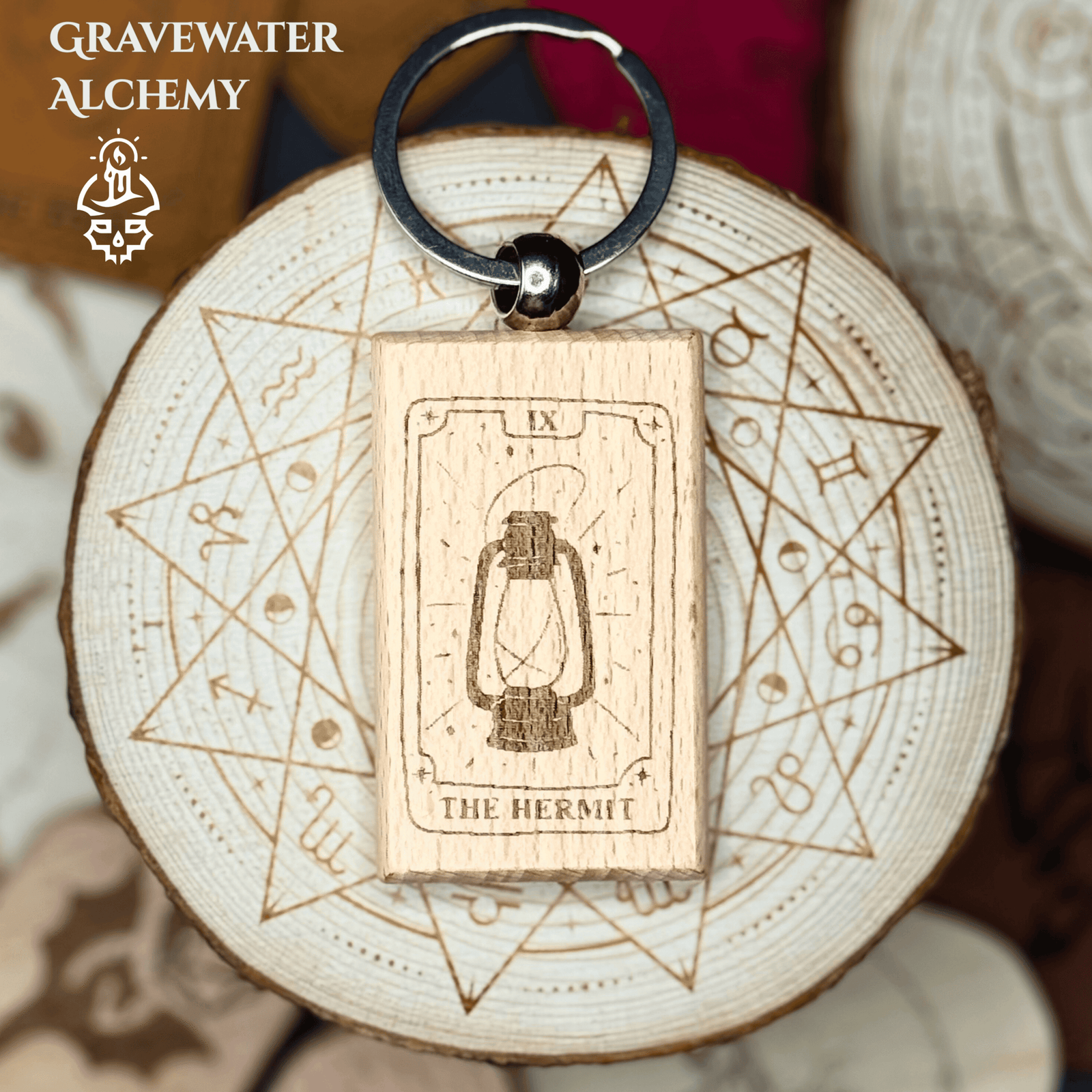 Wooden engraved Tarot keychain featuring The Hermit lantern design by Gravewater Alchemy.