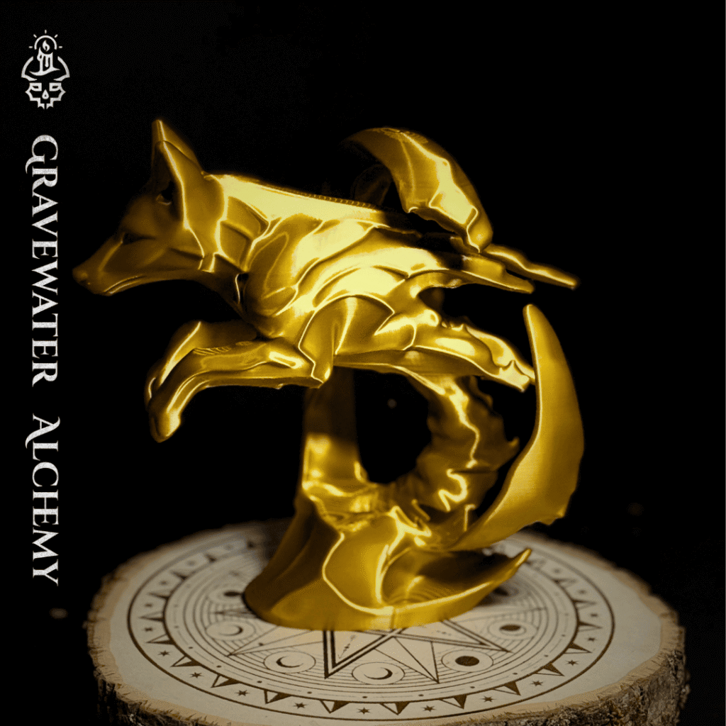 Fox figurine in a dynamic arcing pose displayed on an engraved ritual base by Gravewater Alchemy