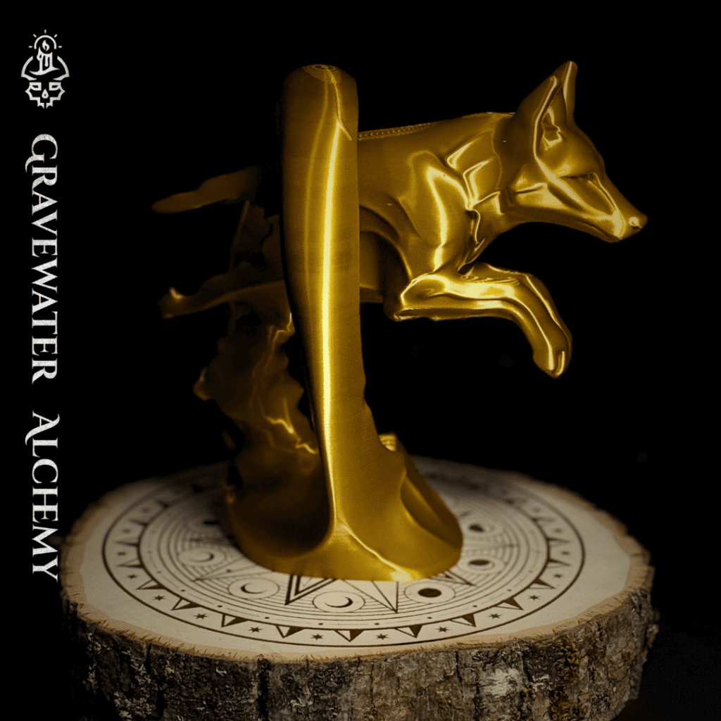 Fox figurine in a dynamic arcing pose displayed on an engraved ritual base by Gravewater Alchemy