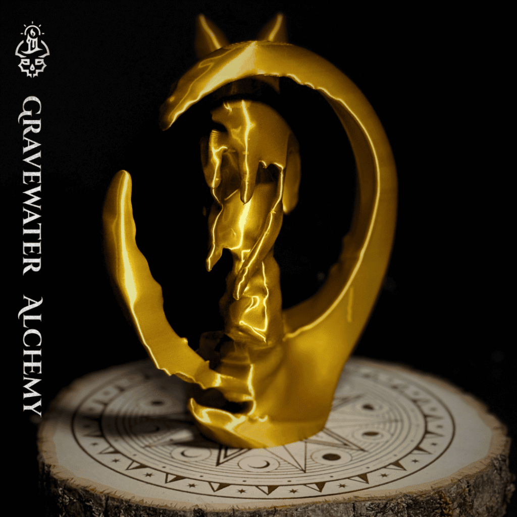 Fox figurine in a dynamic arcing pose displayed on an engraved ritual base by Gravewater Alchemy