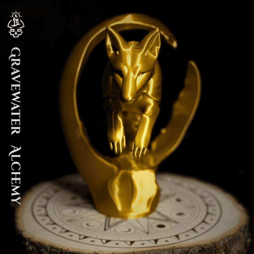 Fox figurine in a dynamic arcing pose displayed on an engraved ritual base by Gravewater Alchemy