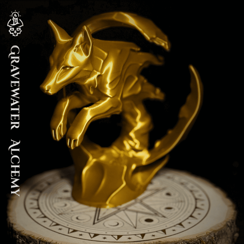 Fox figurine in a dynamic arcing pose displayed on an engraved ritual base by Gravewater Alchemy