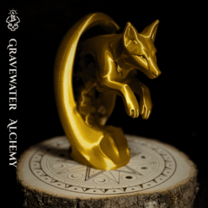 Fox figurine in a dynamic arcing pose displayed on an engraved ritual base by Gravewater Alchemy