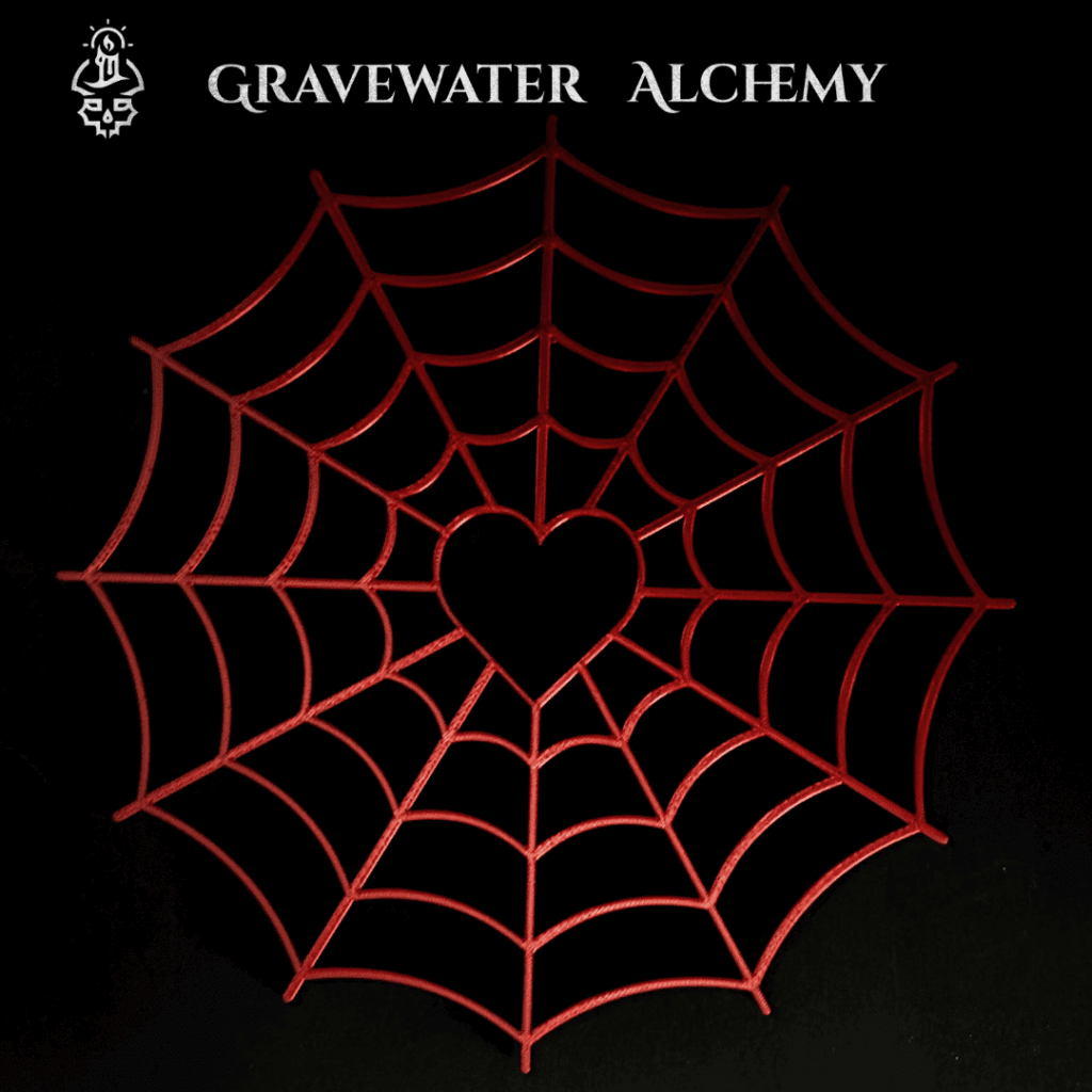 2D 3D printed spiderweb wall art with heart center by Gravewater Alchemy