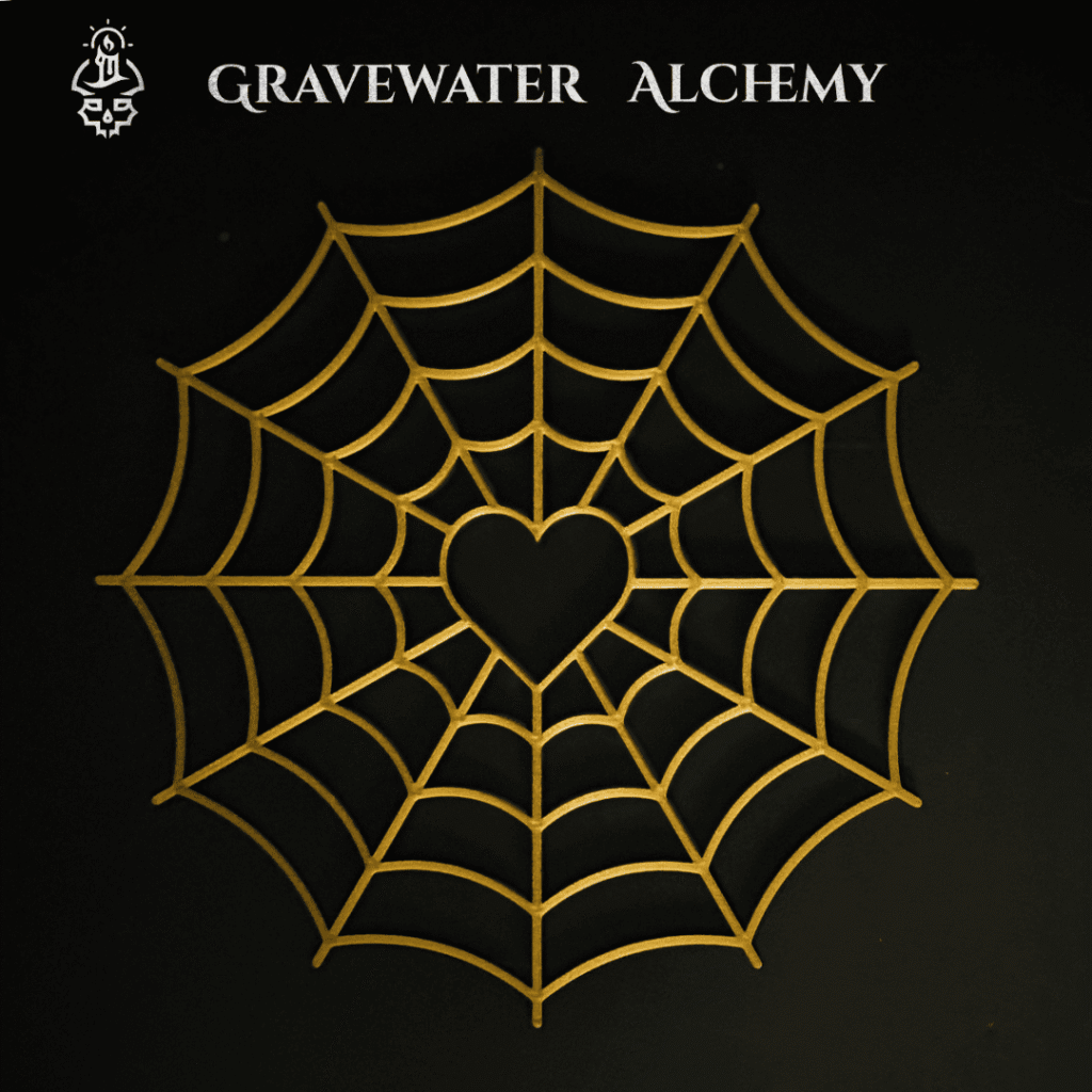 Gold 2D 3D printed spiderweb heart wall relic for ritual or altar decor