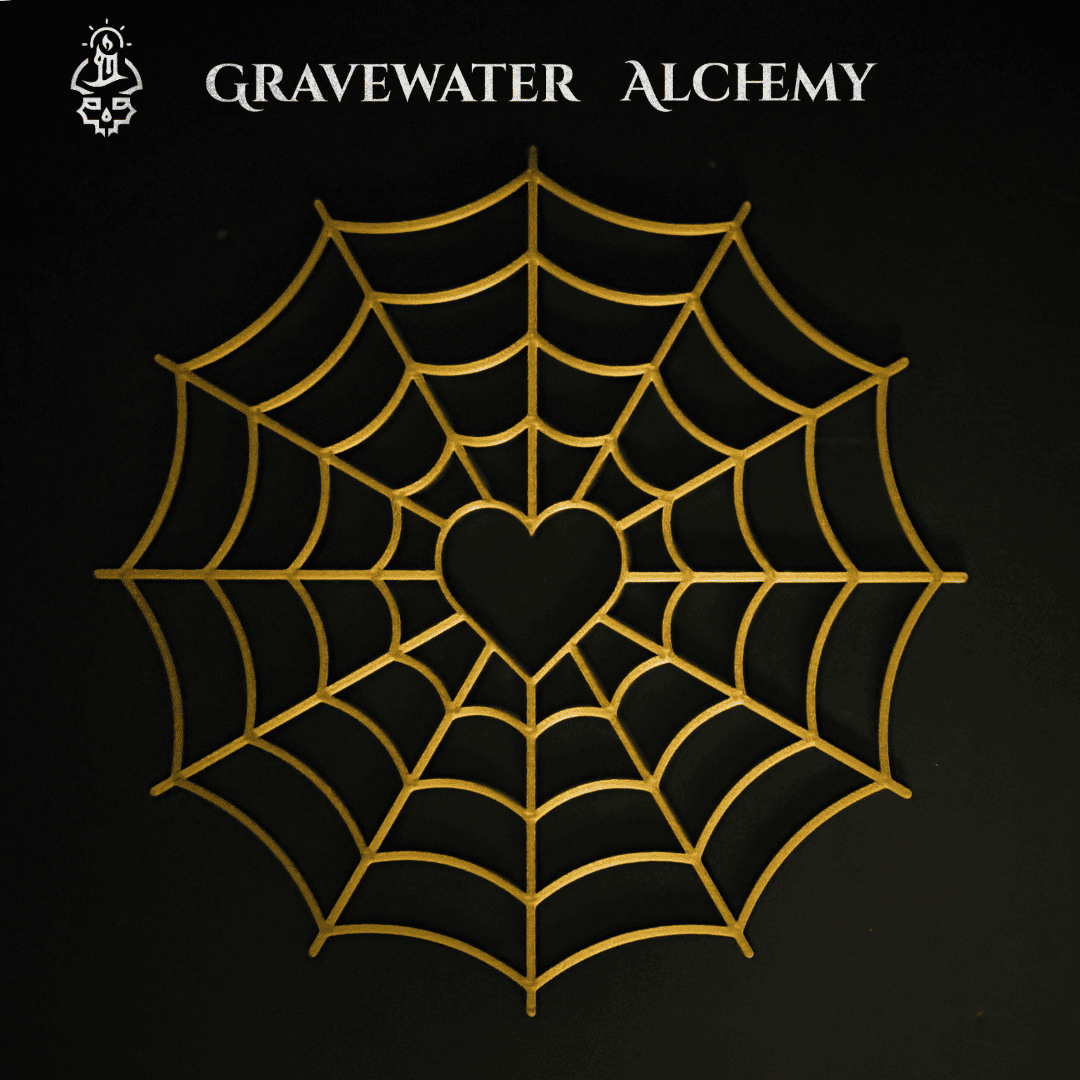 Gold 2D 3D printed spiderweb heart wall relic for ritual or altar decor