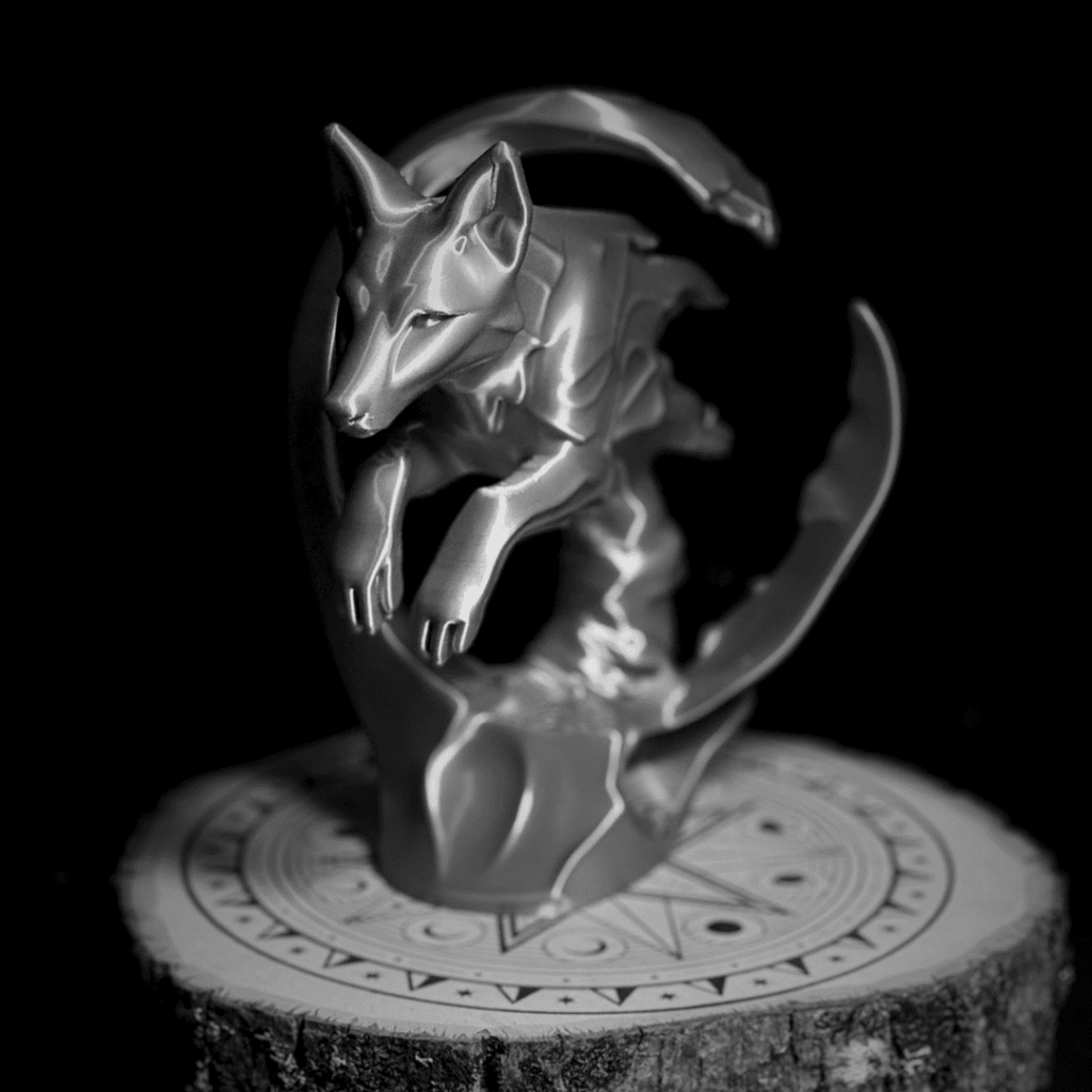Fox figurine in a dynamic arcing pose displayed on an engraved ritual base by Gravewater Alchemy