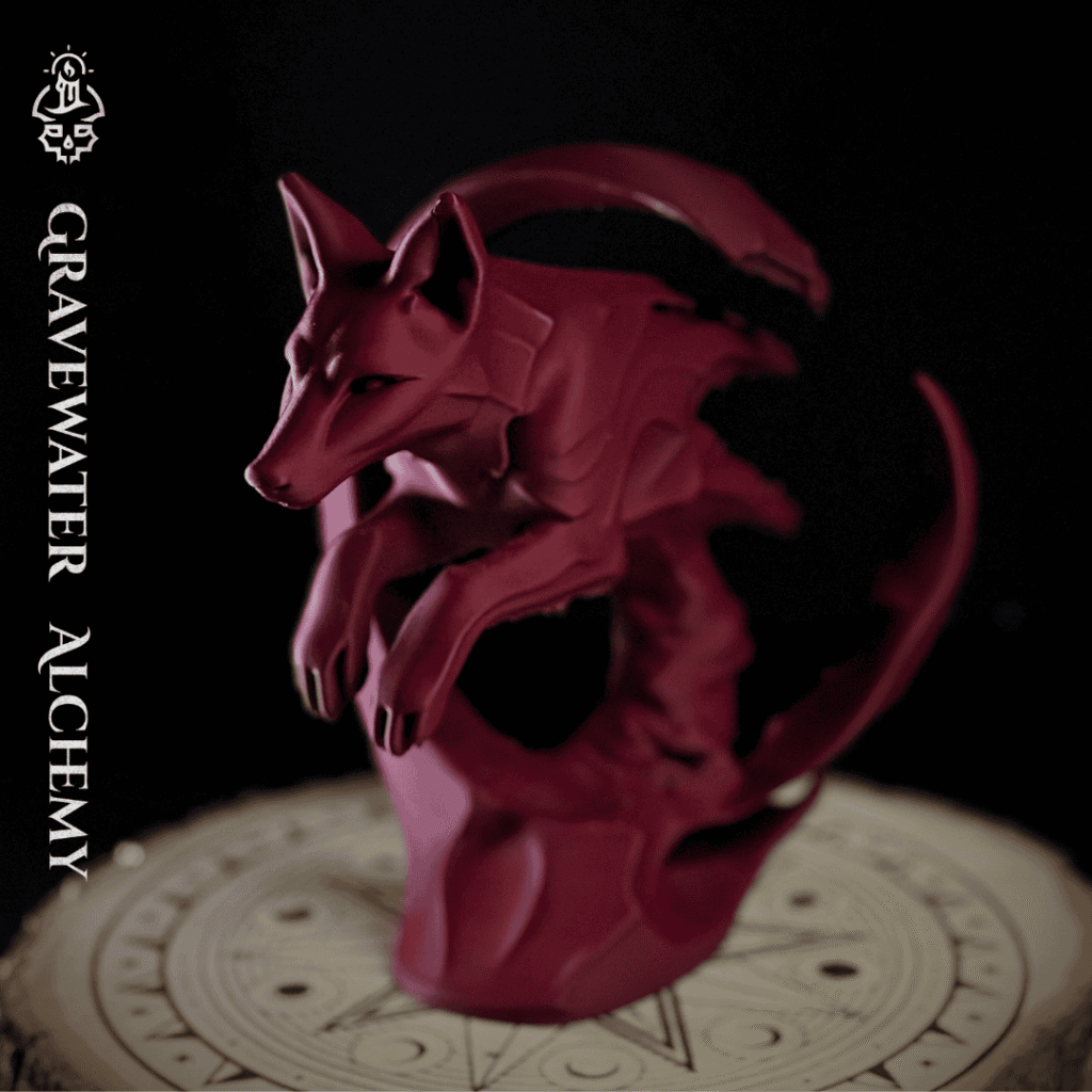 Fox figurine in a dynamic arcing pose displayed on an engraved ritual base by Gravewater Alchemy