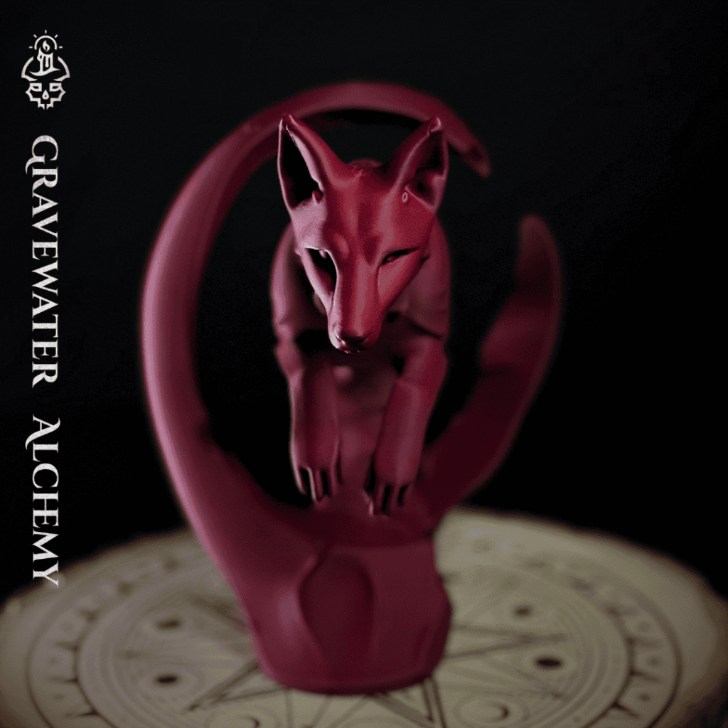 Fox figurine in a dynamic arcing pose displayed on an engraved ritual base by Gravewater Alchemy