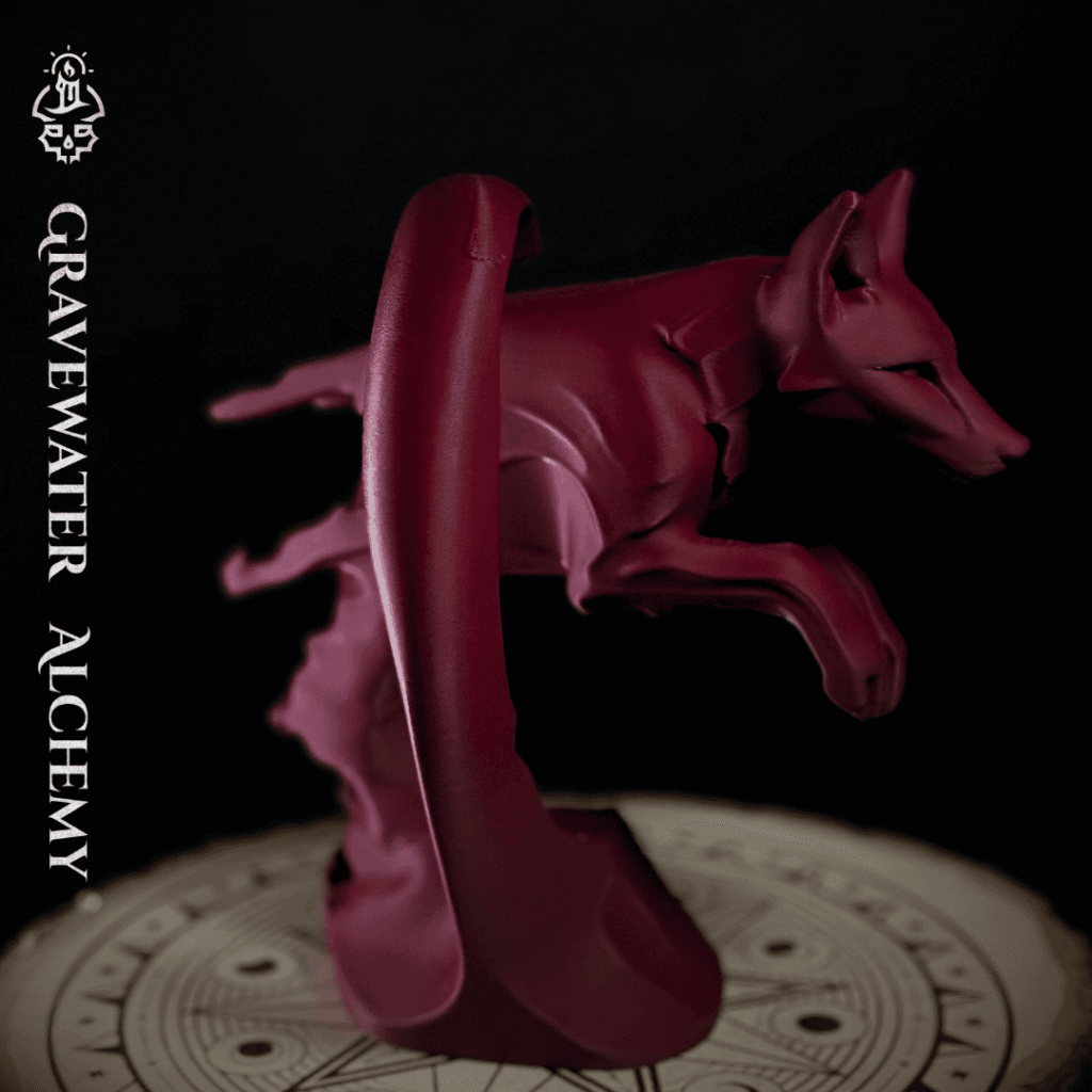 Fox figurine in a dynamic arcing pose displayed on an engraved ritual base by Gravewater Alchemy