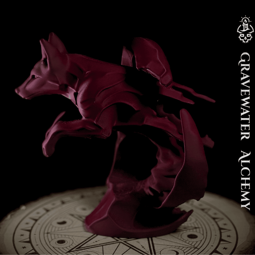 Fox figurine in a dynamic arcing pose displayed on an engraved ritual base by Gravewater Alchemy