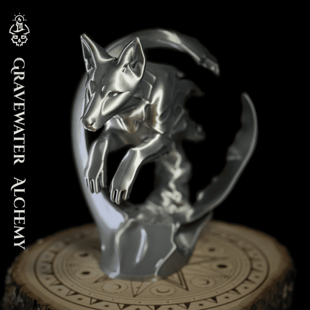 Fox figurine in a dynamic arcing pose displayed on an engraved ritual base by Gravewater Alchemy