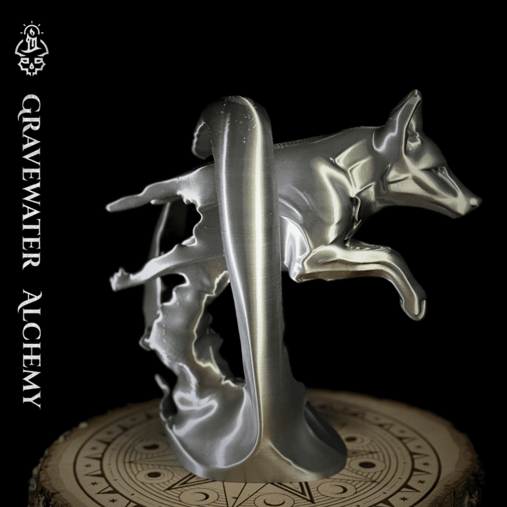 Fox figurine in a dynamic arcing pose displayed on an engraved ritual base by Gravewater Alchemy