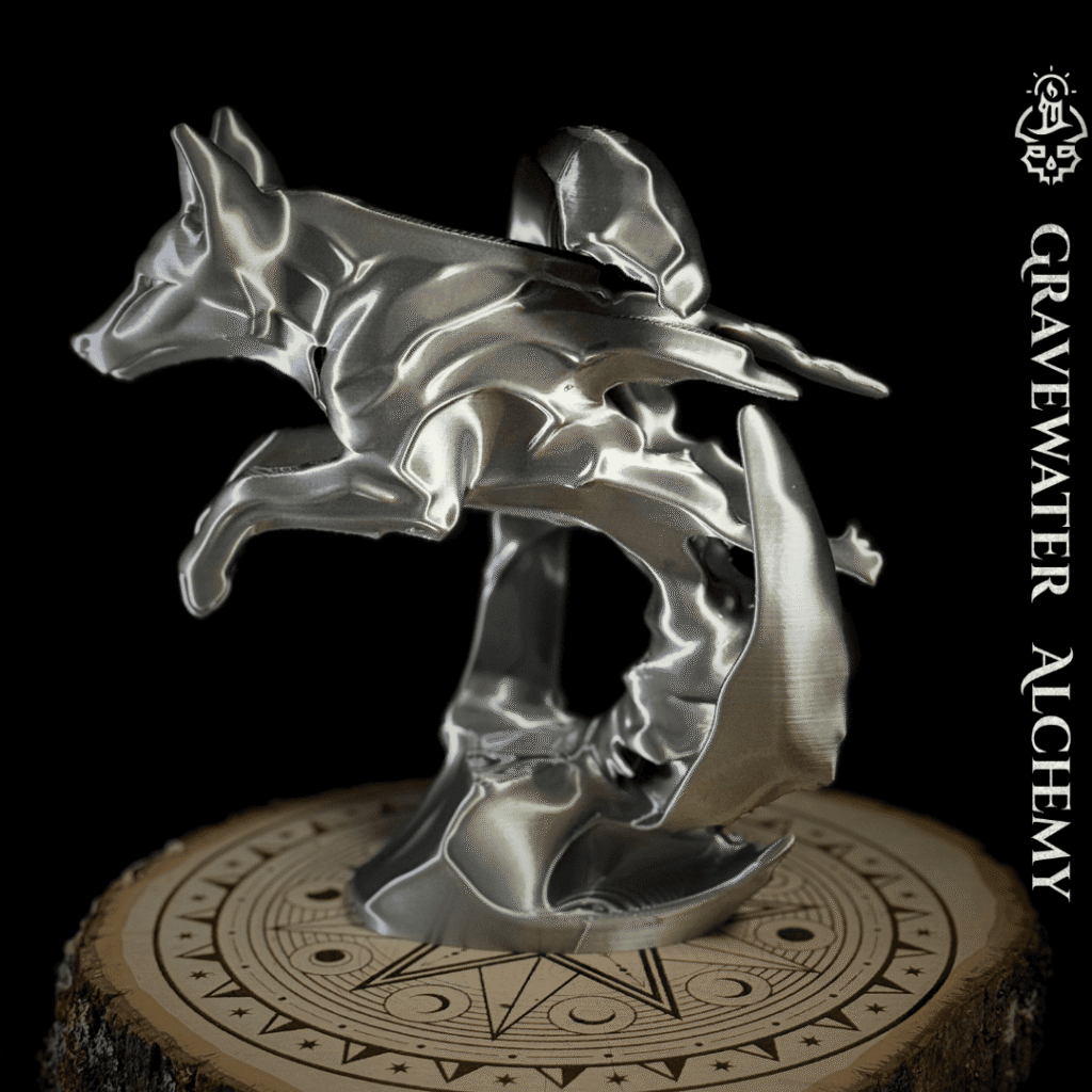 Fox figurine in a dynamic arcing pose displayed on an engraved ritual base by Gravewater Alchemy