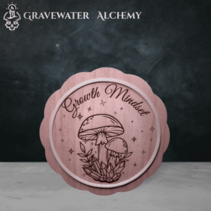 growth mindset mushroom engraving on scalloped wooden plaque
