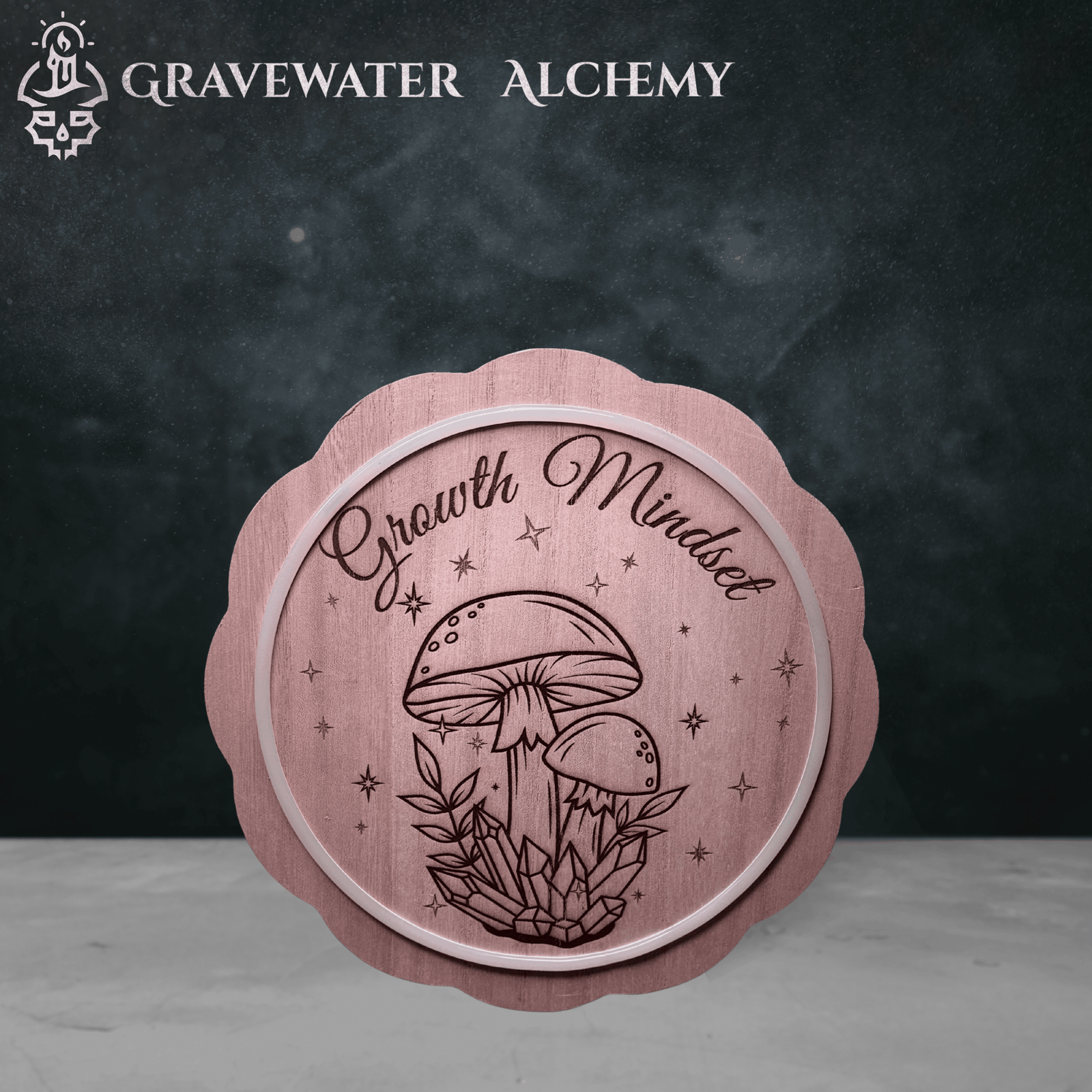 growth mindset mushroom engraving on scalloped wooden plaque