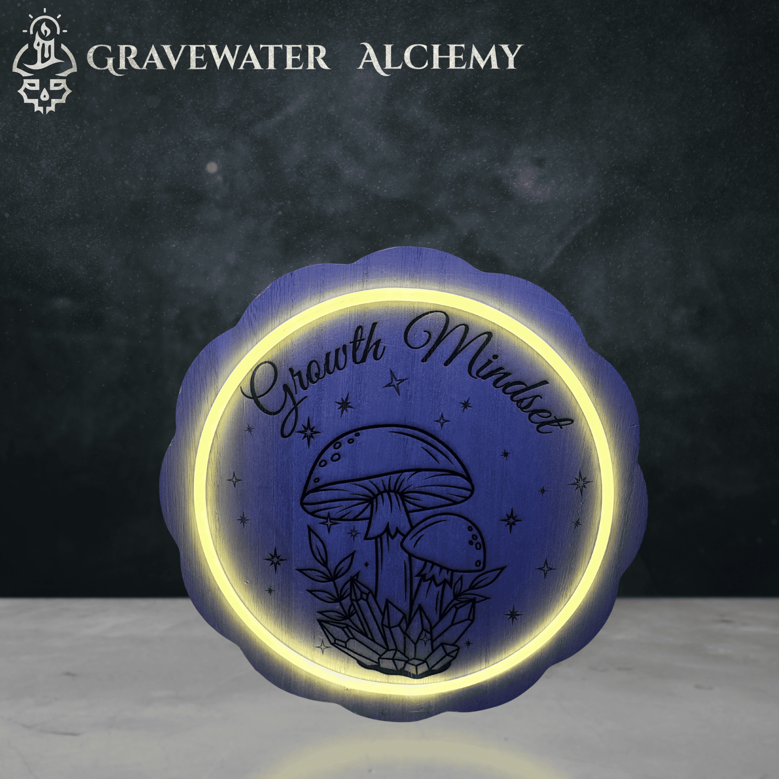 illuminated growth mindset mushroom wooden plaque with LED ring