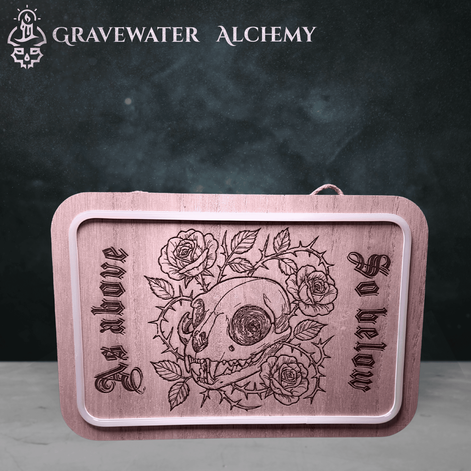 floral skull engraving on wooden plaque without lighting