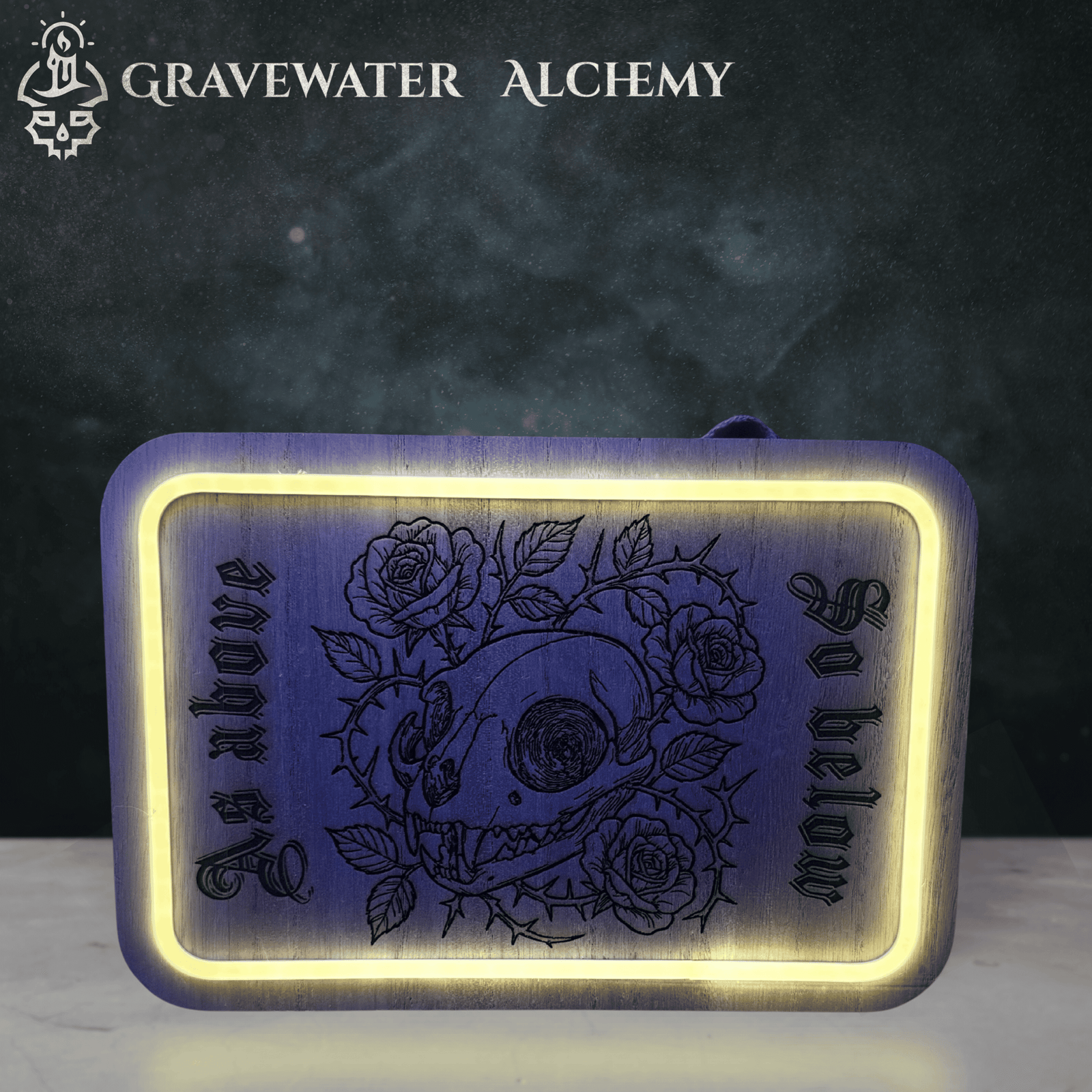 illuminated floral cat skull engraved wooden plaque with roses