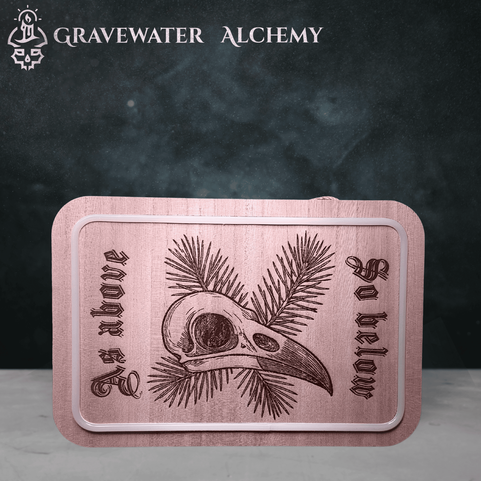 bird skull engraving on natural wooden plaque without illumination