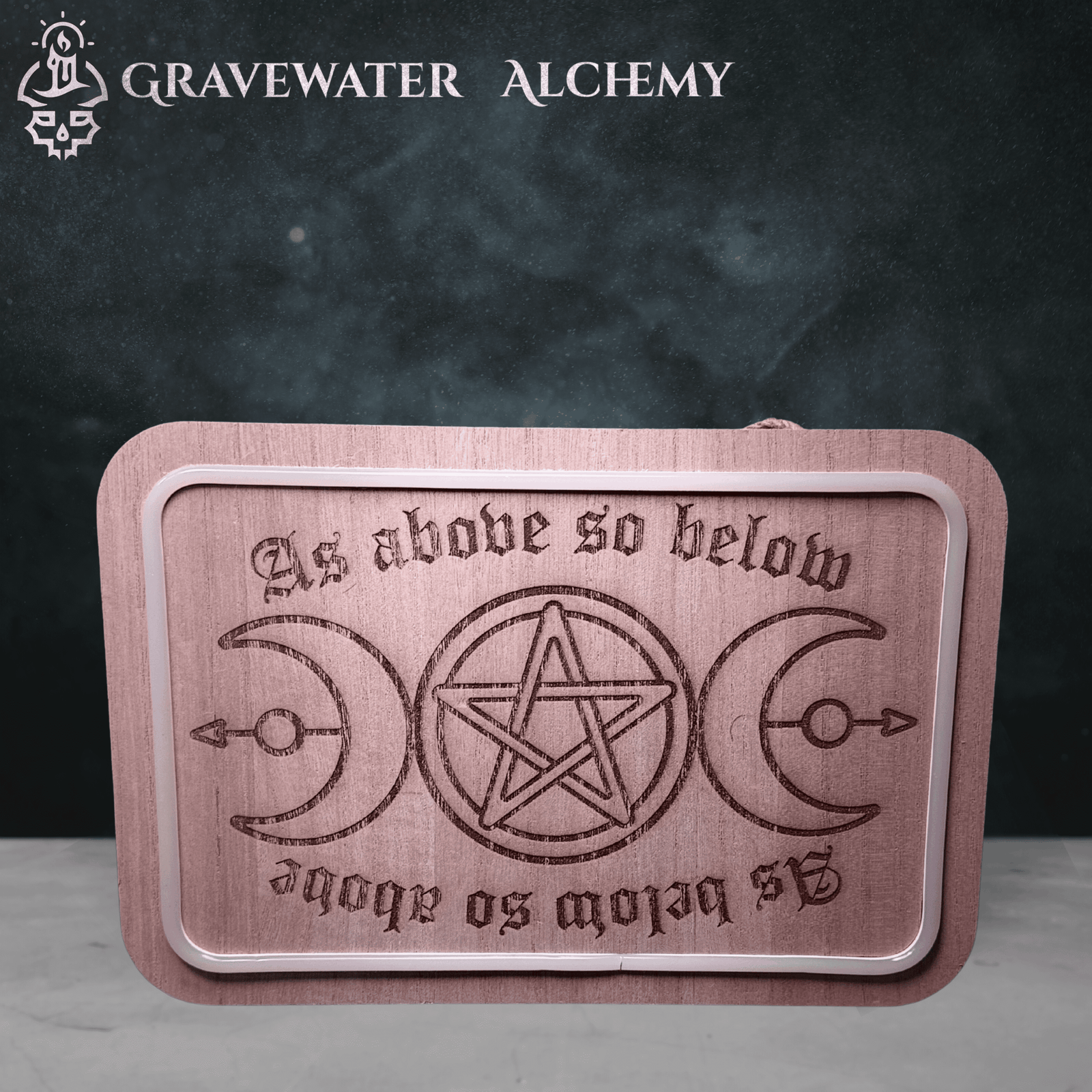 triple moon pentacle engraving on natural wooden plaque without lighting