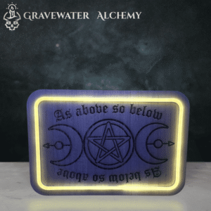 illuminated triple moon pentacle engraved wooden plaque with LED border