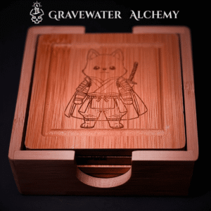 Engraved bamboo coaster set featuring watchful animal figures arranged together