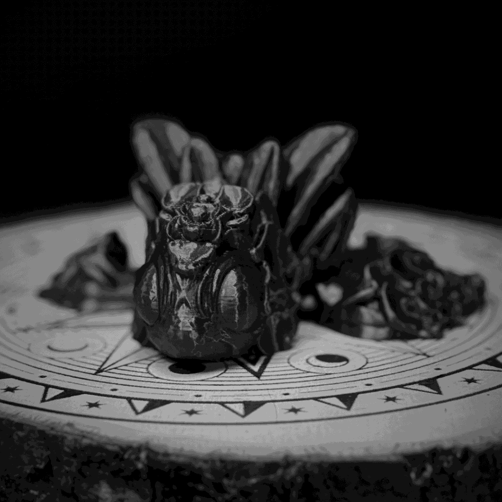 Articulated turtle sculpture with layered floral forms and organic fantasy design.